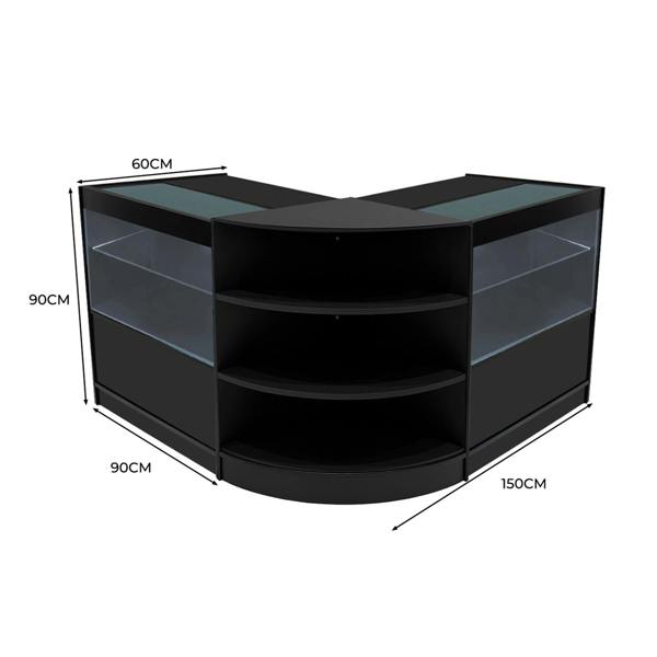 Black Andromeda LED shop counter set featuring a sleek design, curved edges, glass display shelves, and precise dimensions of 60cm x 90cm x 150cm