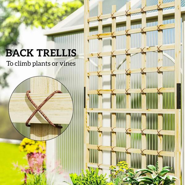 Wooden back trellis panel with climbing lattice above a raised planter bed.