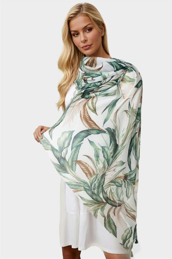 FS Collection Green Leaf Print Tassel Scarf In White