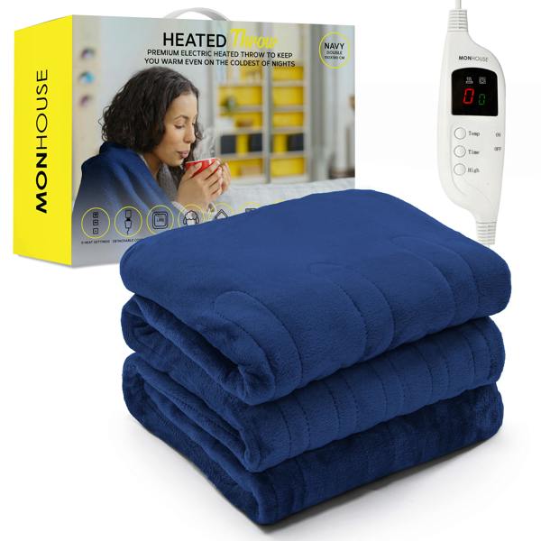 MONHOUSE Heated Electric Throw 9H Timer 9 Heat Setting Fleece Blanket