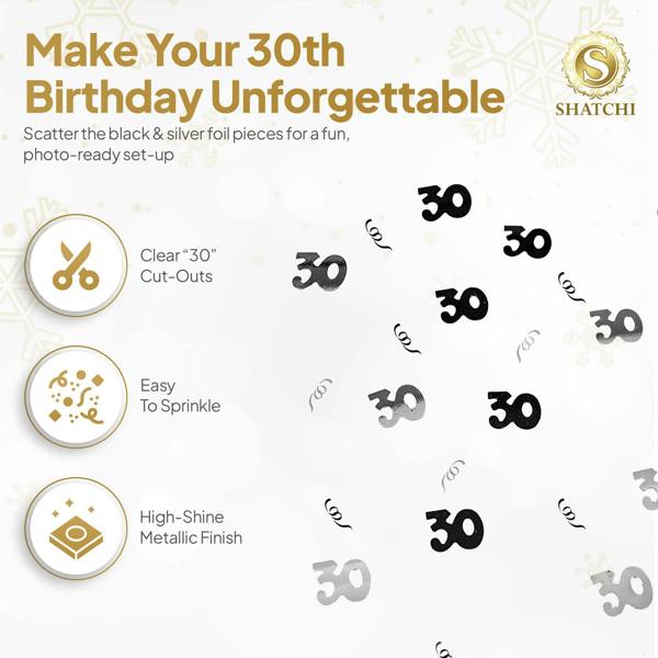 30th Birthday Black and Silver Confetti Table Decoration Pack, Metallic Foil, Pack Size Options image 8