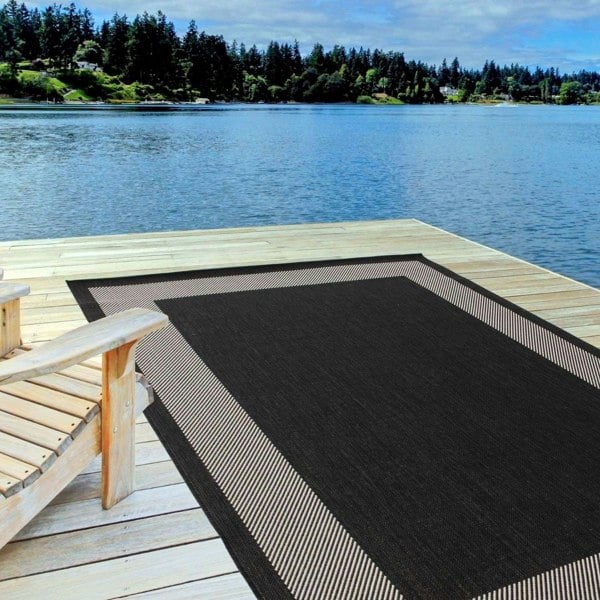 Outdoor Black Bordered Rug Weather resistant, Durable.
