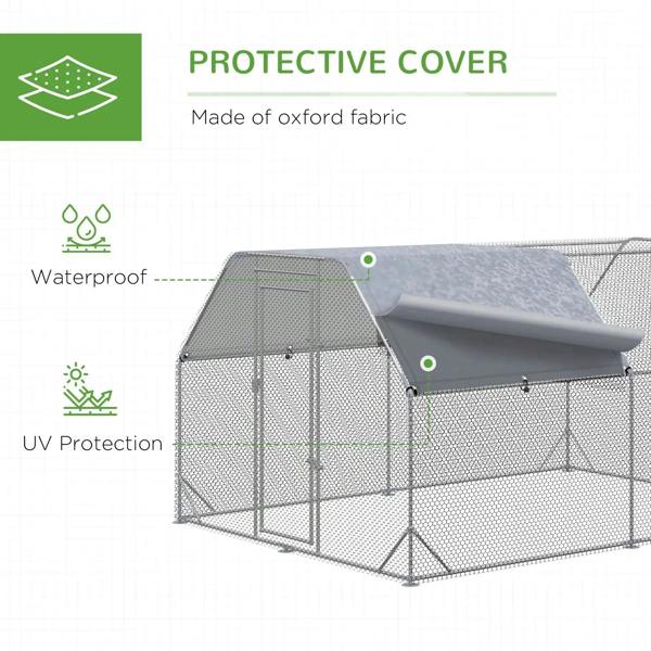 Outdoor chicken coop with slanted oxford fabric cover and silver wire mesh sides