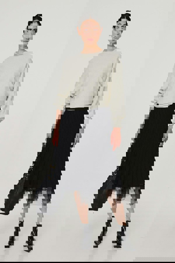 Black | Reversible Hanky Hem Mesh & Knit Midi Skirt
