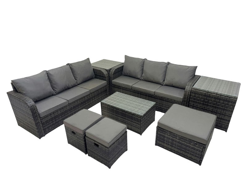 Fimous Outdoor 3 Seater Sofa Coffee Table Set Garden Rattan Furniture Set 9 Seater with 3 Stool 2 Side Tables Dark Grey