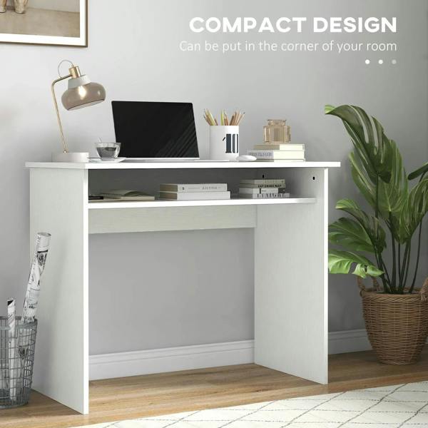 White wood-grain compact writing desk with open shelf and cabinet front