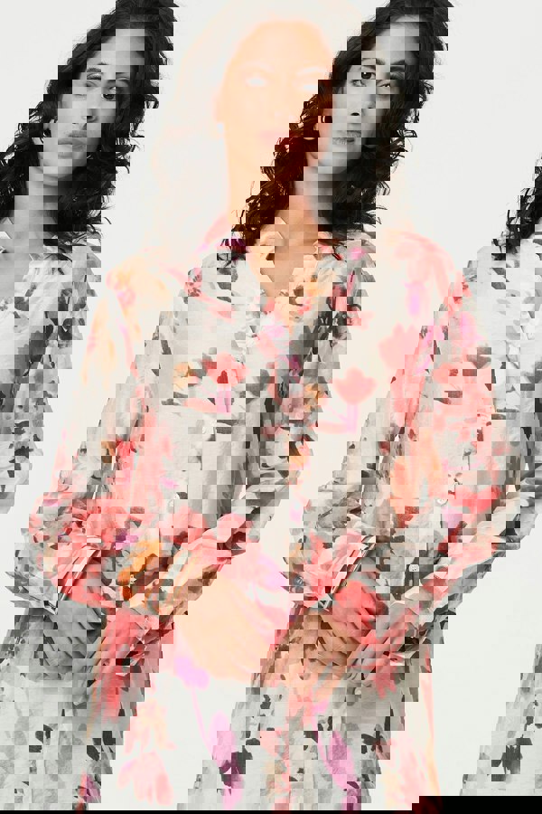 Pink | Floral Long Sleeve Longline Shirt Dress
