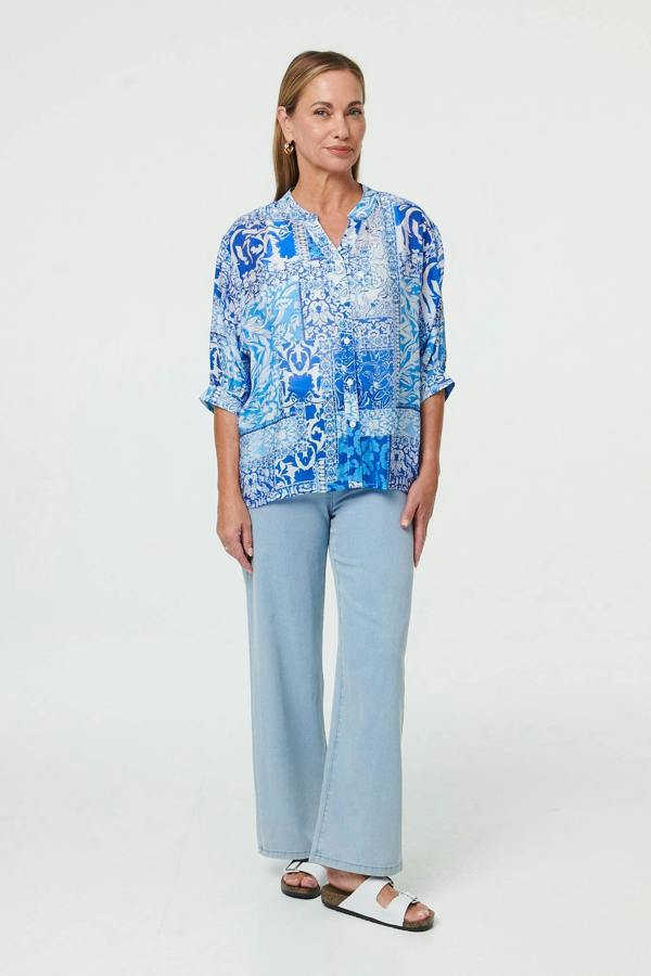 Blue | Mosaic Print 3/4 Sleeve Relaxed Shirt
