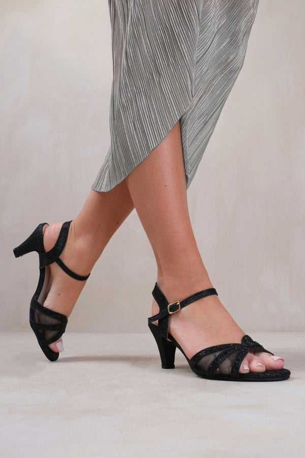 Where's That From Jillian Diamante Mesh Strappy Heel in Black Glitter