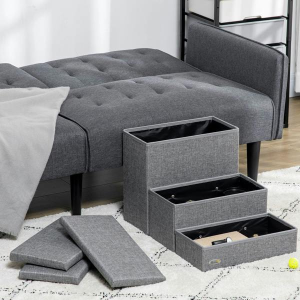 Light grey pet stairs with open storage drawers and matching folded step cushions