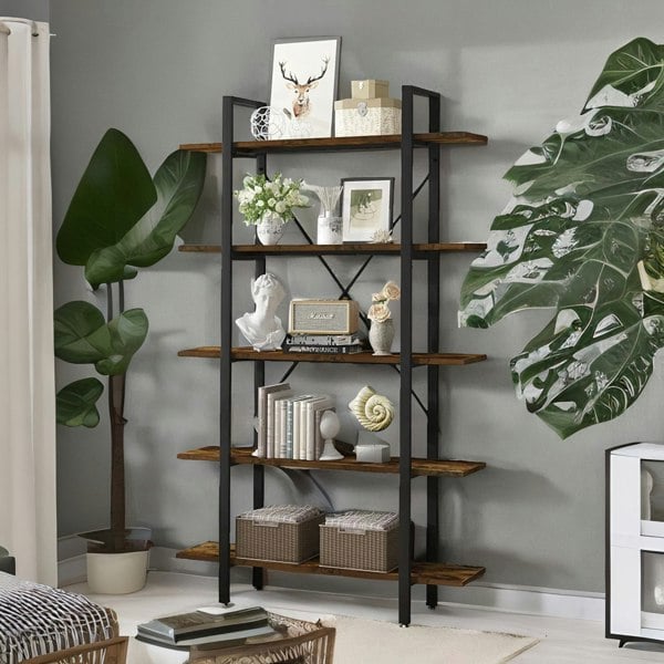 Rafaelo Mobilia Industrial 5 Tier Walnut Brown Bookcase