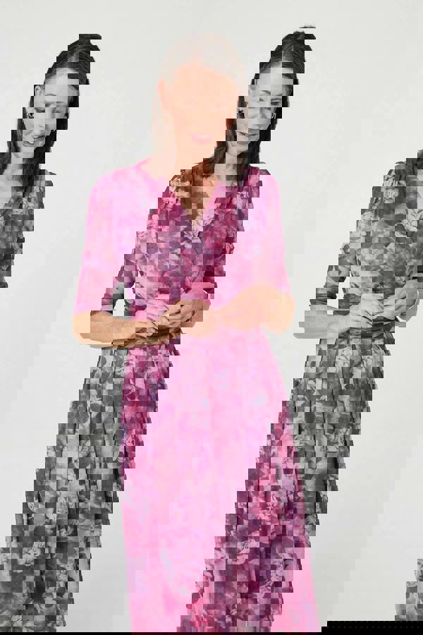 Pink | Floral Mesh Texture Pleated Midi Dress