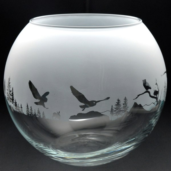 Glyptic Glass Art Owl Glass Flora Bowl Vase - Hand Etched/Engraved Gift