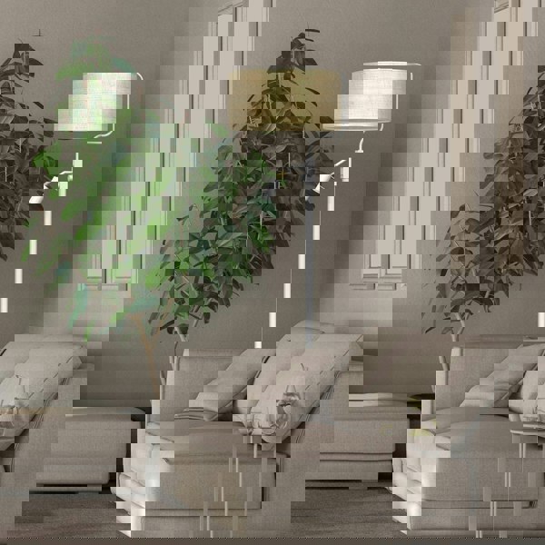 Milagro Marshall Hand Made Designer Floor Lamp In Matt White Metal And Natural Rattan Coloured Fabric