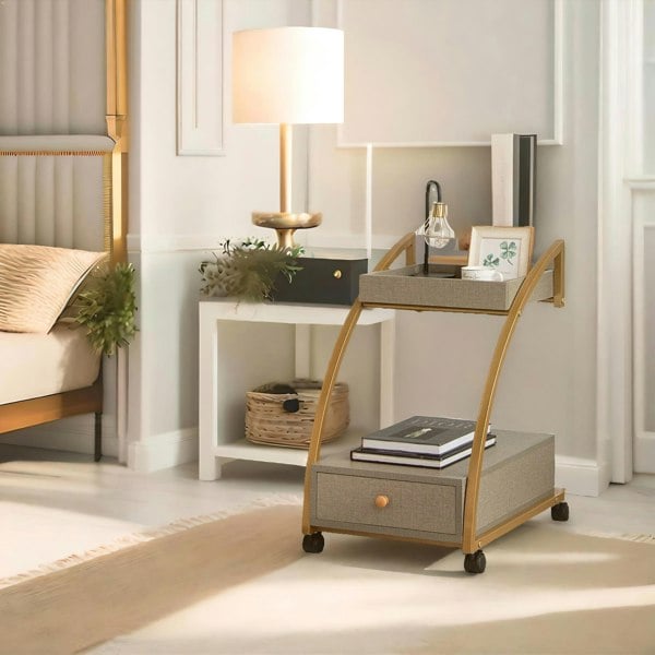 Rafaelo Mobilia Rolling Bedside Nightstand Table With Drawer Gold