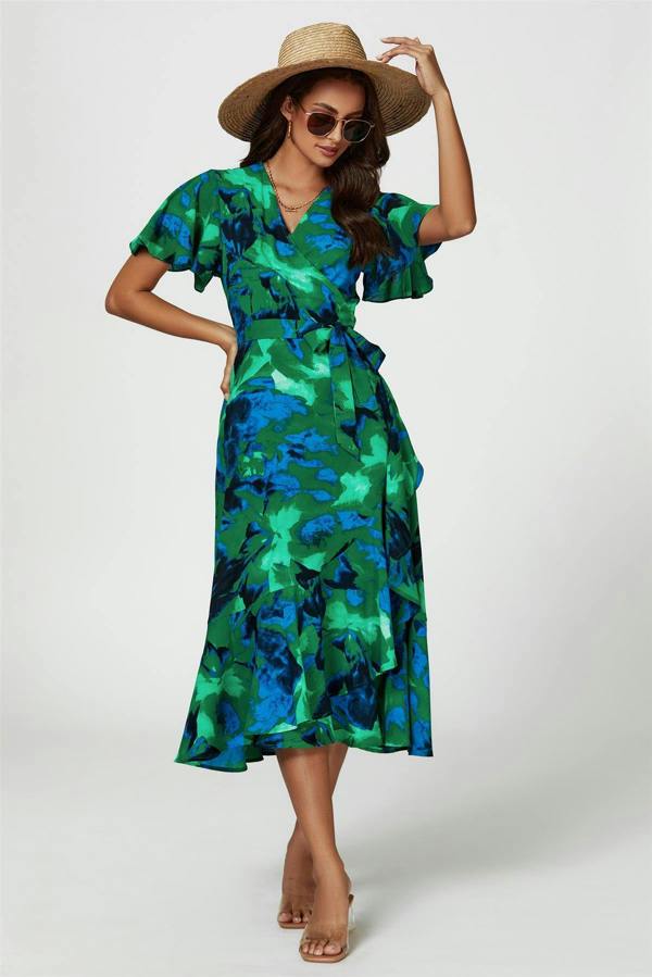 FS Collection Abstract Print Midi Wrap Dress In Green