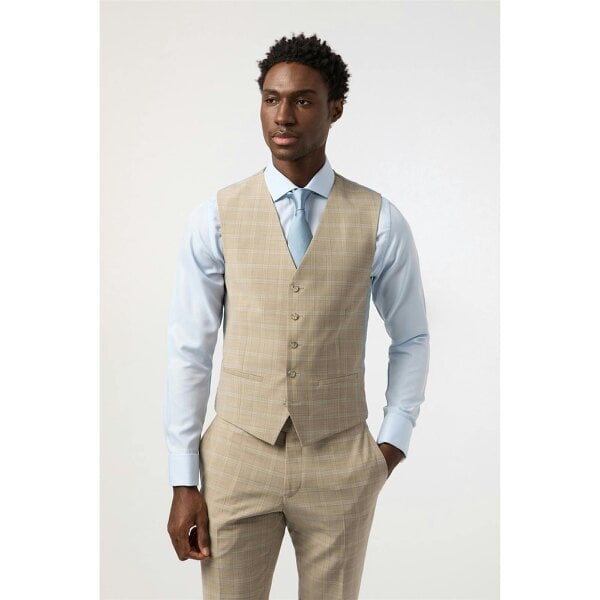 Alexandre Silver Alexandre Tailored Fit Stone Blue Check Waistcoat