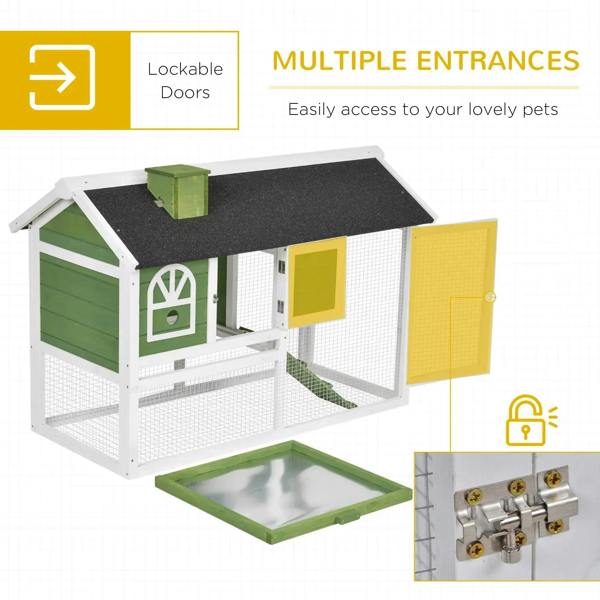 Green-and-white rabbit hutch with lockable doors, mesh sides, and ramp