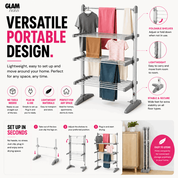 Glamhaus EcoDry Electric Heated Clothes Airer with Cover 248W Foldable