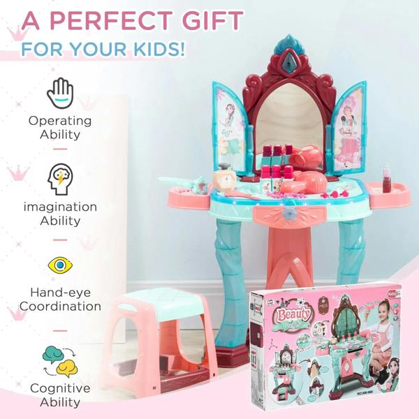 Kids dressing vanity playset with princess mirror and bundled accessory set in pink/blue
