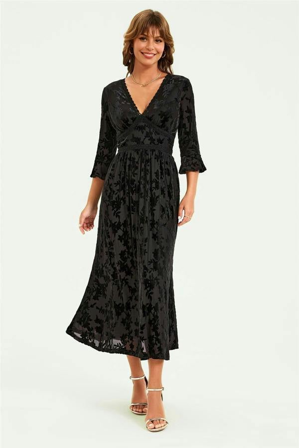 FS Collection Floral Velvet Devore Lace Trim Neckline Midi Dress In Black