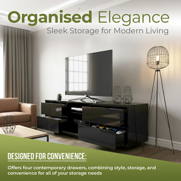 Centurion Supports AVITUS High Gloss Black with 4-Black Drawers for 32"-65" LED/OLED/LCD TV Cabinet - FULLY ASSEMBLED