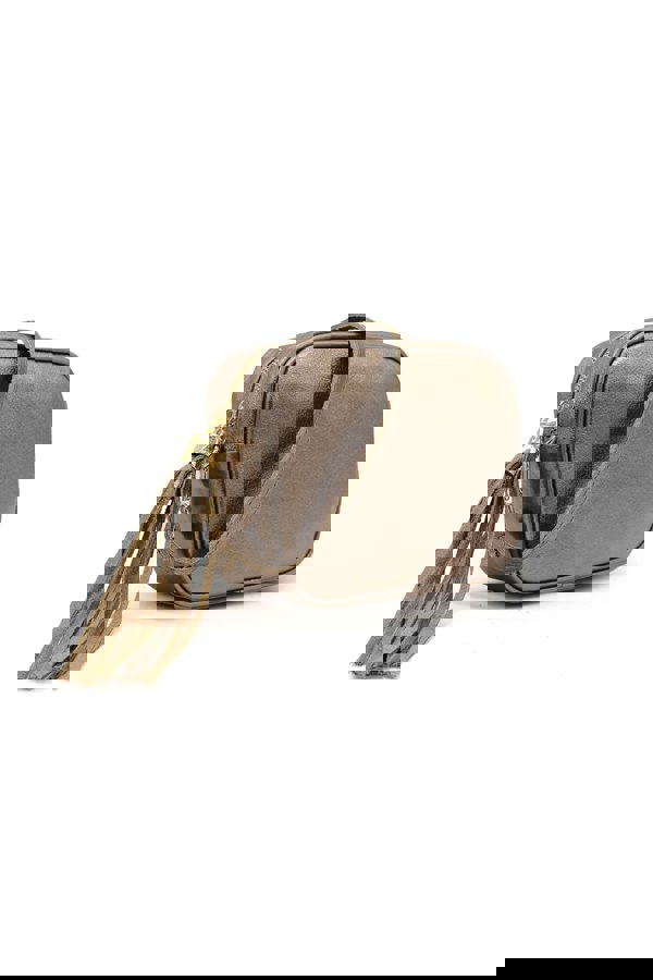 Pluspup Metallic Crossbody Bag with Zipper Closure and Tassel Detail