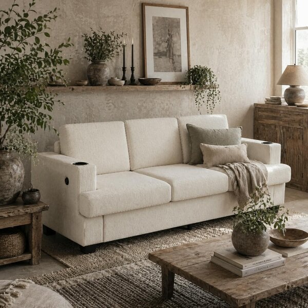 Wyld Haus Suvazi White 3 Seater Sofa With Integrated USB Ports And Cup Holders
