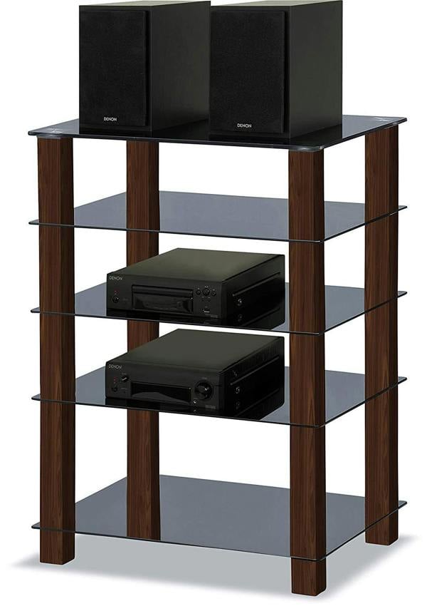Homeology TRINITY Gloss Black 5 Shelf with Walnut Legs Flat Screen TV Rack Glass Stand