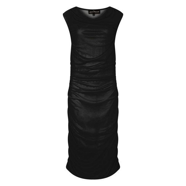 Women's Boudicca Summer Black Ruched Bodycon dress shown in a cutout image to highlight its form-fitting design and ruched detailing.