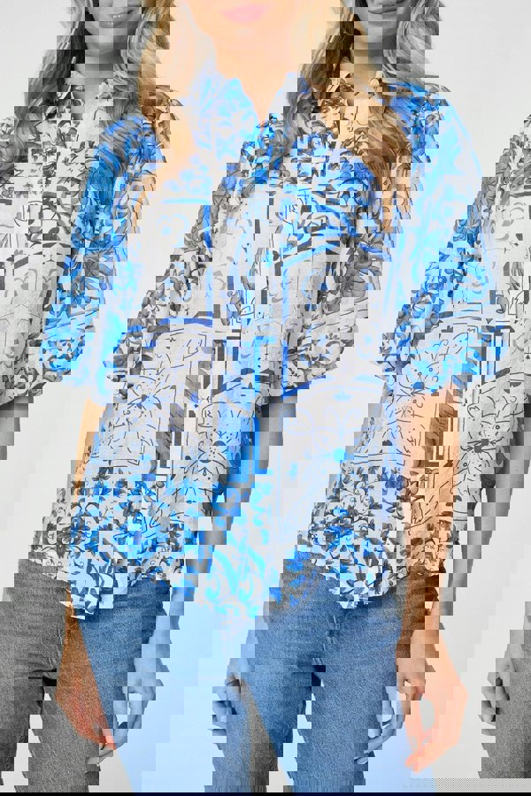 Blue | Patchwork Print 1/2 Puff Sleeve Shirt