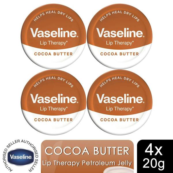 Vaseline Lip Therapy Cocoa Butter 20gm Petroleum Jelly Dry Lip Treatment, 4 Pack