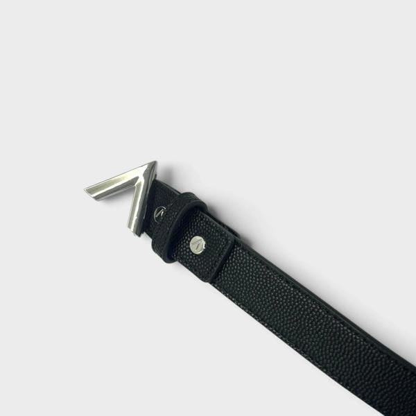 Supplied Fashion Mario Valentino Divina black leather belt with a silver V-logo buckle and textured finish.