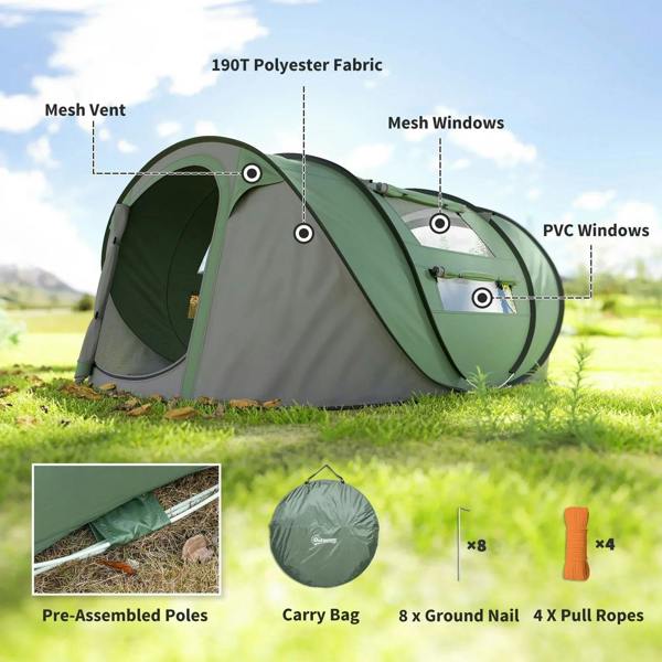 Dark green pop-up camping tent with mesh vents and PVC windows; includes carry bag and ropes