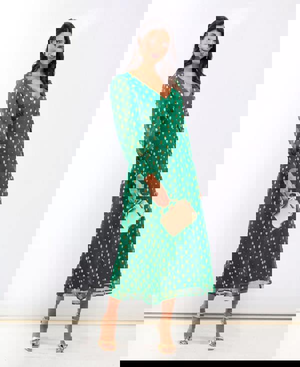 Needs No Label Green Foil Long Sleeve Plunge Midaxi Dress