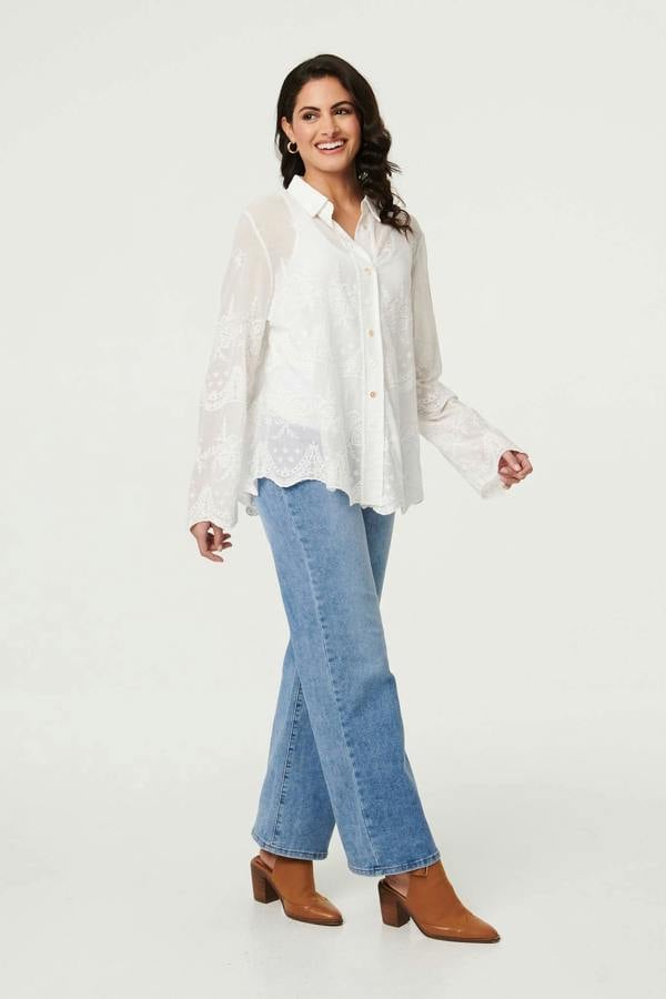 White | Embroidered Long Sleeve Semi Sheer Shirt