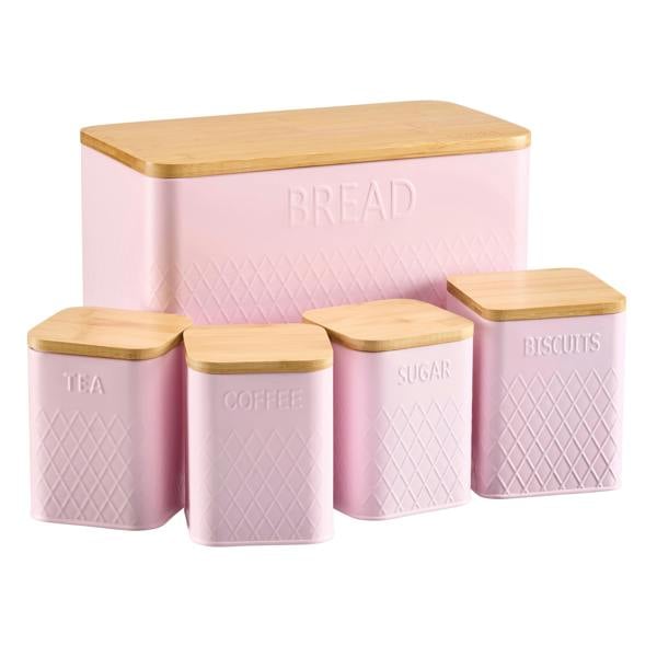 Cooks Professional 5 Piece Embossed Kitchen Storage Set with Bamboo Lids | Pink