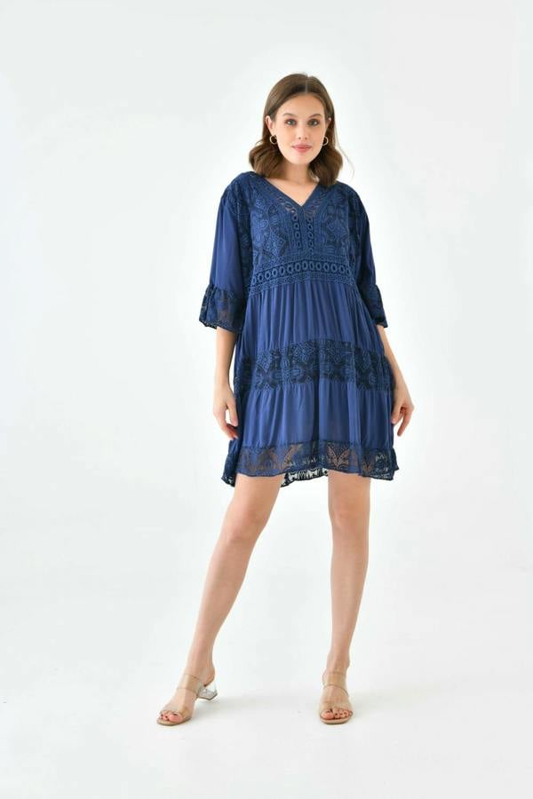 Hoxton Gal Oversized 3/4 Sleeves Lace Detailed V Neck Mini Dress in Navy