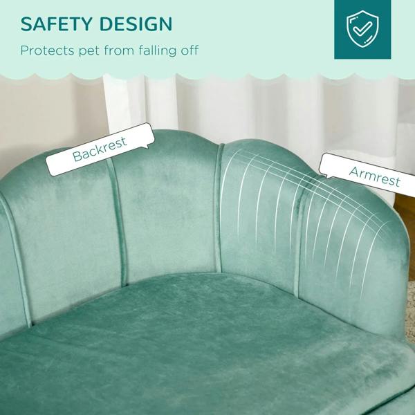 Green dog sofa bed corner view with padded backrest and armrest bolsters