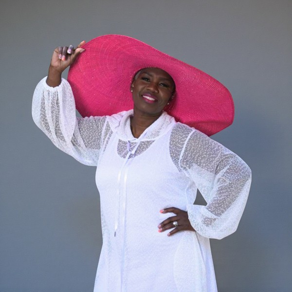 Women's Plus Size Aphrodite White Holiday Resort Dress with hoodie and white undergarment, paired with a pink sunhat.