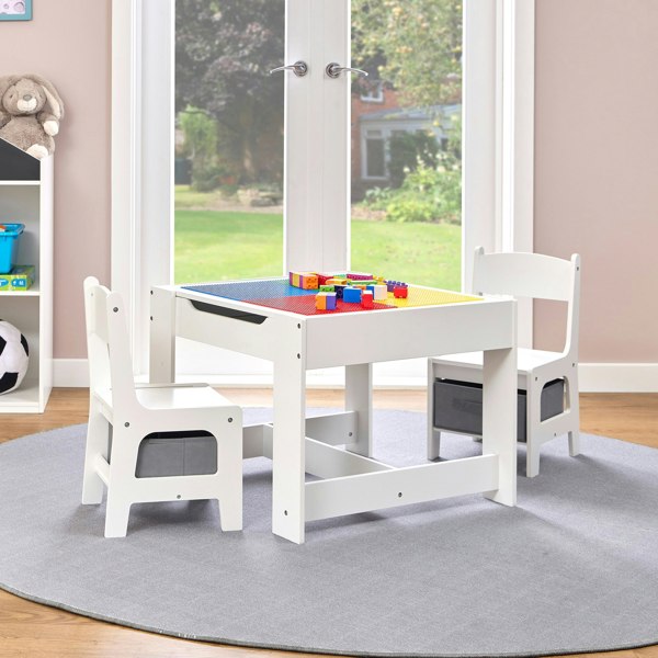 Liberty House Toys Kids Wooden Activity Table and Two Chairs with Grey Storage Bins