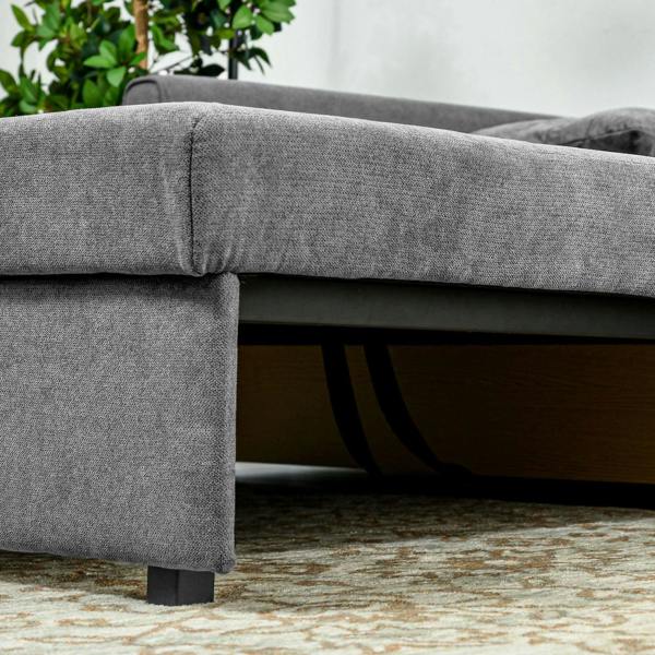 Light grey sofa bed armrest and fabric corner detail with visible legs