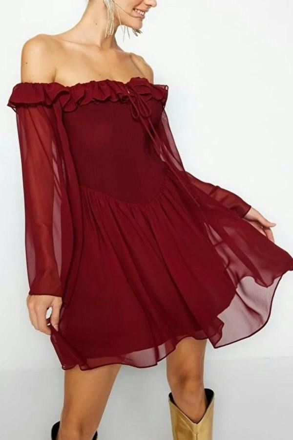 WOVCOR A-Line Ruffle Chiffon Evening Dress