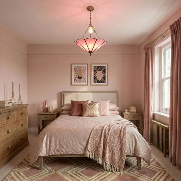 Soft Rose Pink Chic Tiffany Glass Easy Fit Pendant Shade with Chains Image 6