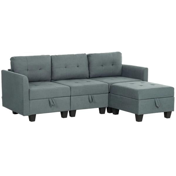Dark grey L-shape modular sofa with storage ottomans, button-tufted back cushions