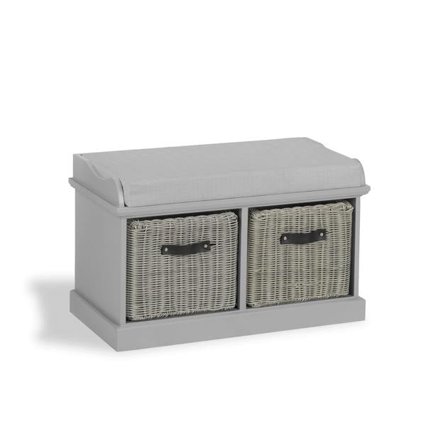 Statement Furniture Tetbury Bench with 2 Storage Baskets and Grey Cushion Seat