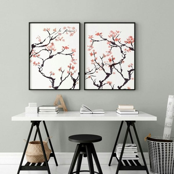 Cherry blossom wall art for home office | Set of 2 wall art prints