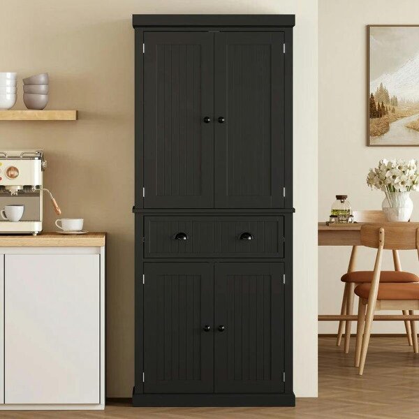 Kitchen Storage Cabinet with Drawer and Adjustable Shelves - Black