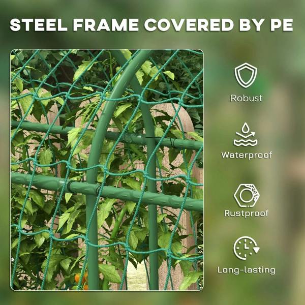 Green metal garden arch trellis with PE-covered frame and climbing net