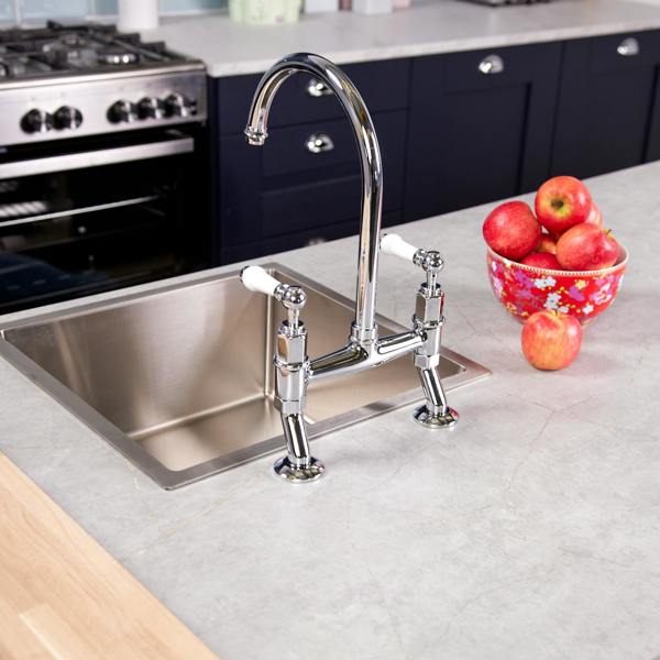 Flode Larvik | Kitchen Dual Lever Bridge Mixer Tap | Polished Chrome Finish
